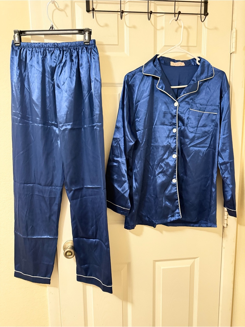 Blue Satin Button-Front Pajama Set with Contrast Piping